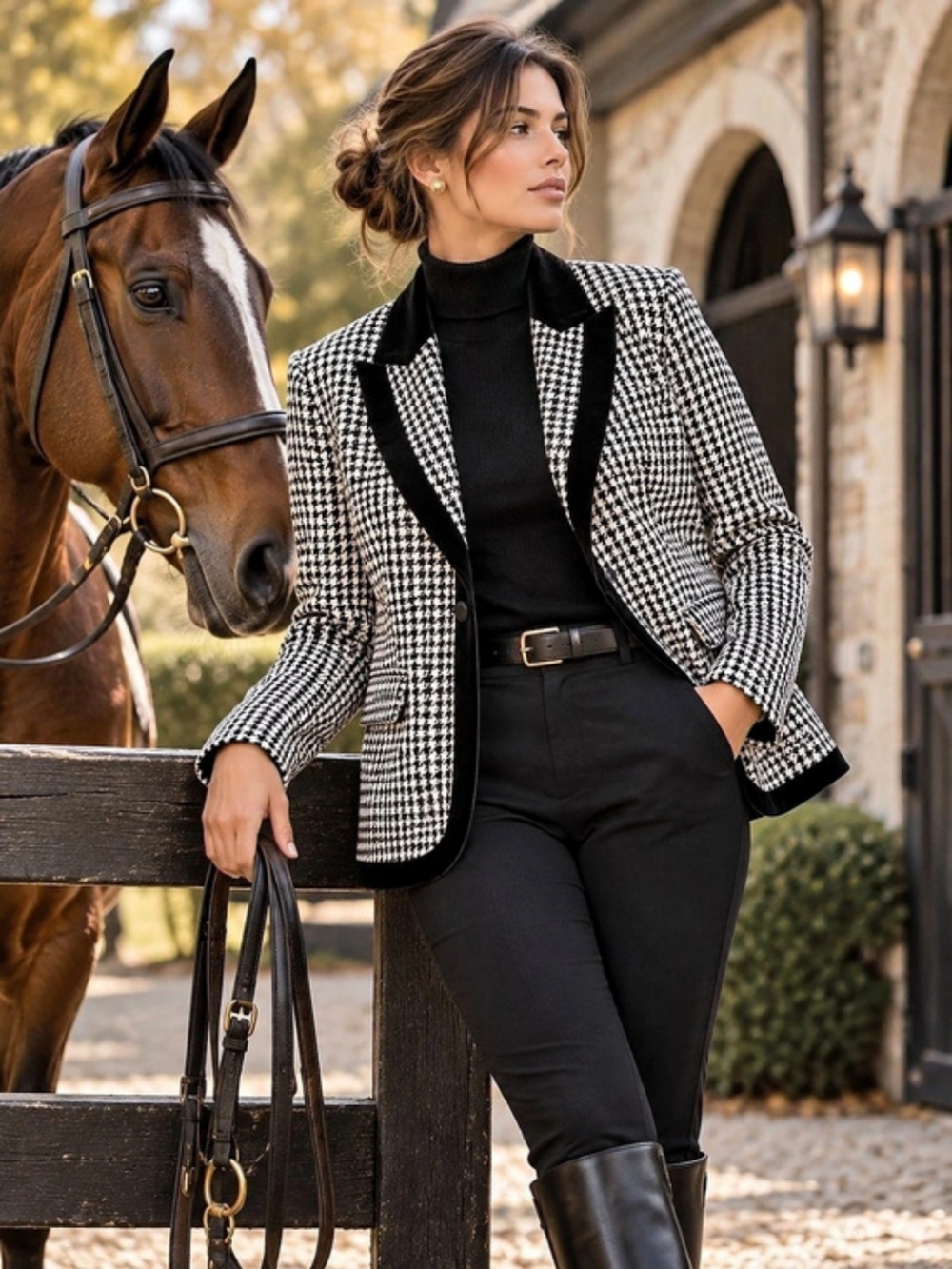 Houndstooth Velvet Trim Blazer L 12-14 Old Money Equestrian Academia